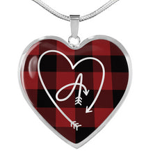 Load image into Gallery viewer, Custom Arrow Heart Monogram on Red Buffalo Plaid Heart Shaped Pendant Jewelry Necklace In Stainless Steel or 18K Gold Finish
