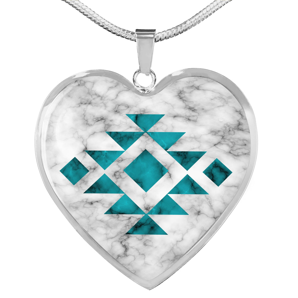 Tribal Ethnic Jewelry White and Turquoise Faux Marble Pendant Necklace Chain Gift Set