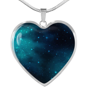 Teal and Blue Galaxy Design On Stainless Steel Heart Pendant Necklace