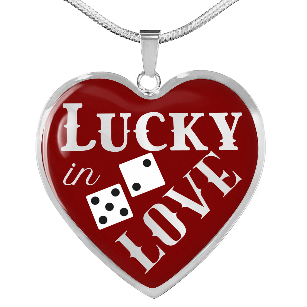 Lucky In Love Dice Red and White Heart Shaped Pendant Stainless Steel or 18K Gold Finish Necklace Gift Set