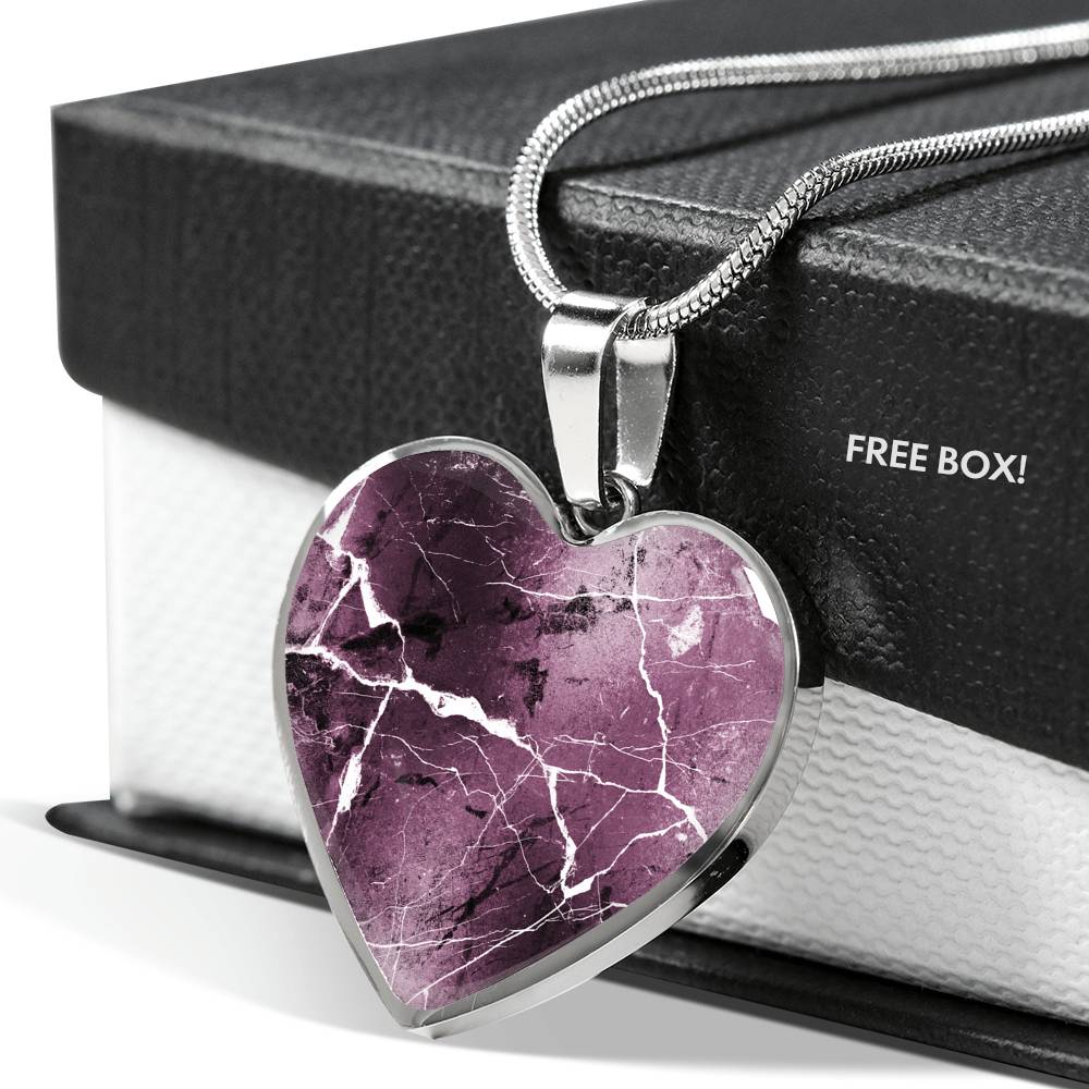 Mauve Marble Design On Stainless Steel Heart Shaped Pendant Necklace