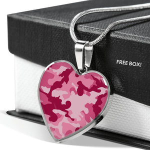 Pink Camouflage Heart Shaped Stainless Steel Pendant Necklace