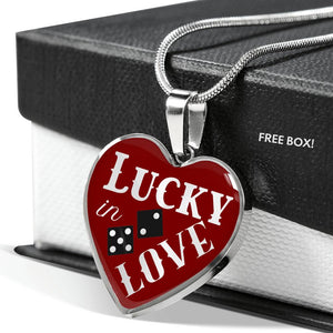 Lucky In Love Dice Red and Black Heart Shaped Pendant Stainless Steel or 18K Gold Finish Necklace Gift Set