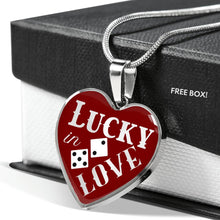 Load image into Gallery viewer, Lucky In Love Dice Red and White Heart Shaped Pendant Stainless Steel or 18K Gold Finish Necklace Gift Set
