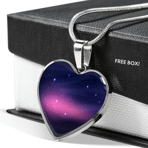 Pink and Blue Galaxy Nebula Stainless Steel Heart Shaped Pendant Necklace Gift Set