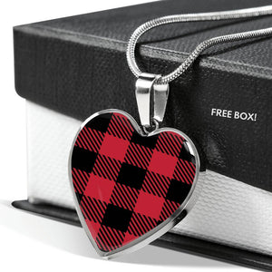 Red Buffalo Plaid Heart Pendant Necklace Stainless Steel