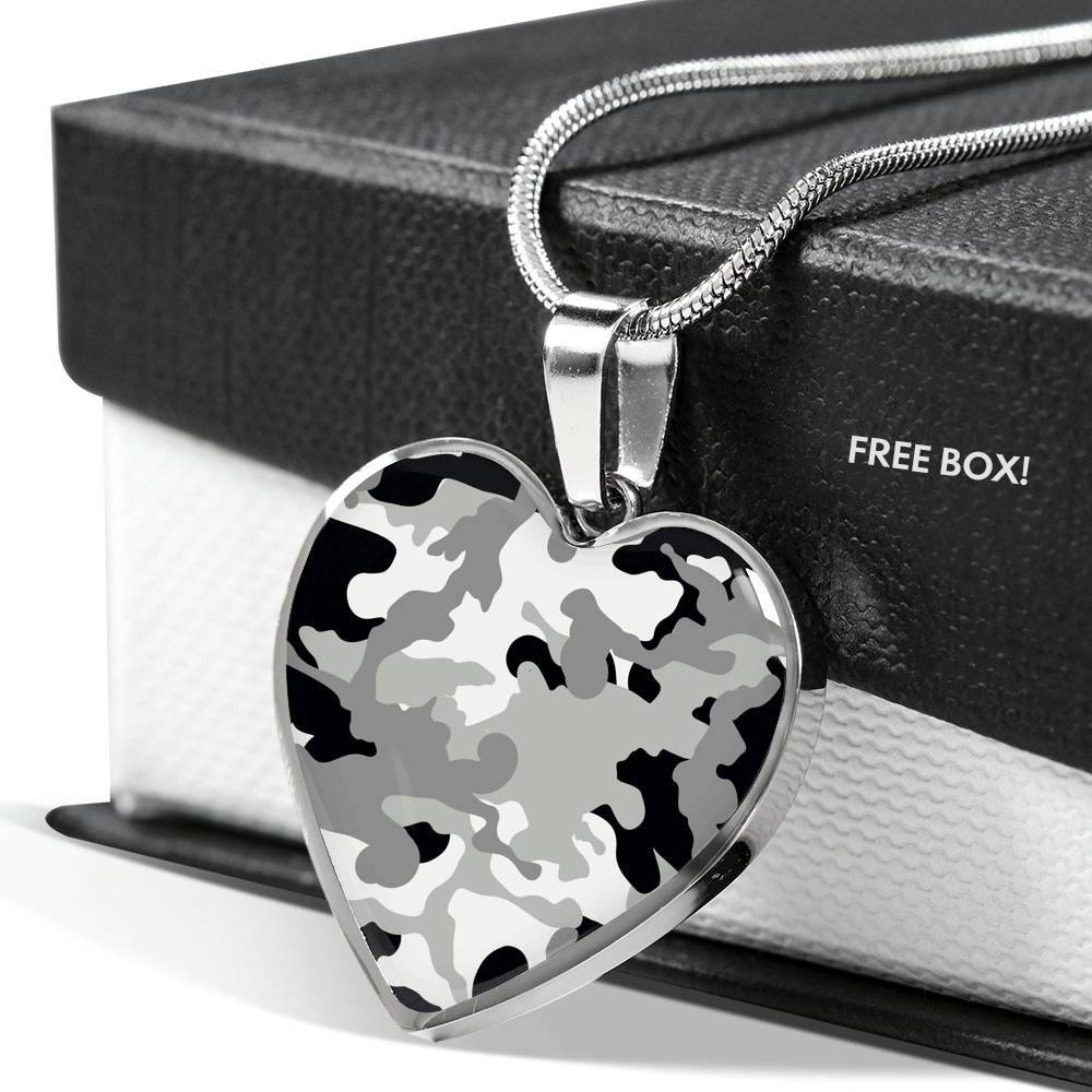 Gray Black and White Camouflage Heart Shaped Stainless Steel Pendant Necklace