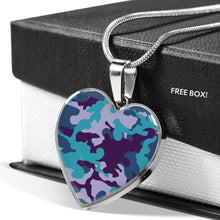 Load image into Gallery viewer, Teal Blue and Purple Camouflage Heart Shaped Stainless Steel Pendant Necklace
