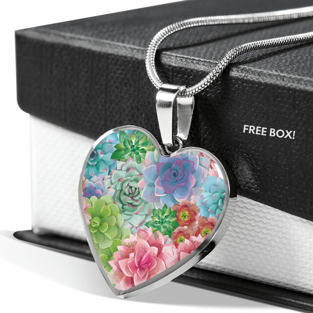 Succulents on Heart Shaped Stainless Steel Pendent Jewelry Necklace With Gift Box and Chain