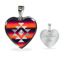Load image into Gallery viewer, Heart Shaped Pendant With Tribal Design on Purple, Orange and Red Serape Background
