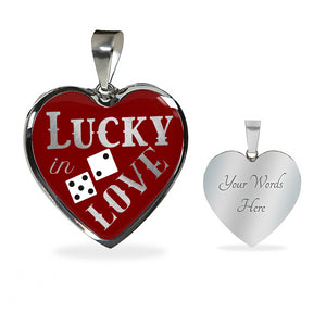 Lucky In Love Dice Red and White Heart Shaped Pendant Stainless Steel or 18K Gold Finish Necklace Gift Set