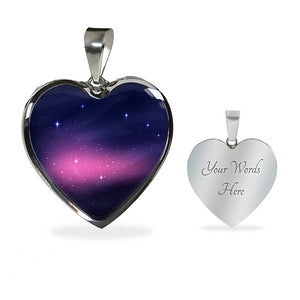 Pink and Blue Galaxy Nebula Stainless Steel Heart Shaped Pendant Necklace Gift Set