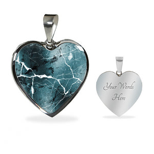 Light Blue Marble Design On Stainless Steel Heart Shaped Pendant Necklace