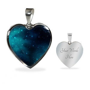 Teal and Blue Galaxy Design On Stainless Steel Heart Pendant Necklace
