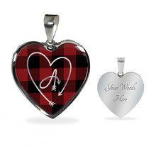 Load image into Gallery viewer, Custom Arrow Heart Monogram on Red Buffalo Plaid Heart Shaped Pendant Jewelry Necklace In Stainless Steel or 18K Gold Finish
