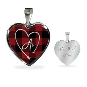 Custom Arrow Heart Monogram on Red Buffalo Plaid Heart Shaped Pendant Jewelry Necklace In Stainless Steel or 18K Gold Finish