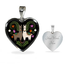 Load image into Gallery viewer, Heart Shaped Pendant With Colorful Llamas and Flowers on Black Background

