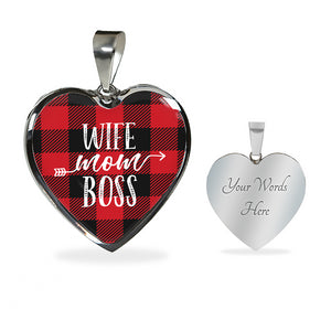 Wife Mom Boss Red Buffalo Plaid Heart Shaped Stainless Steel Pendant