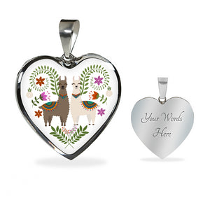 Colorful Llamas and Flowers on White Background Silver or Gold Heart Shaped Pendant