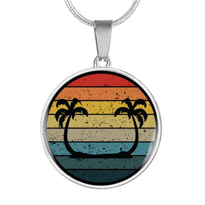 Retro Sunset With Twin Palm Trees Jewelry Circle Pendant Necklace With Gift Box and Chain in Stainless Steel or 18k Gold Finish