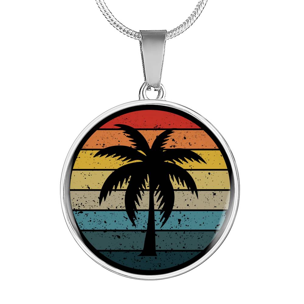 Retro Sunset With Palm Tree Jewelry Circle Pendant Necklace In Stainless Steel or 18K Gold Finish With Gift Box and Chain