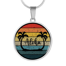 Load image into Gallery viewer, Aloha Palm Tree Retro Sunset Necklace Jewelry Pendant In Stainless Steel or 14K Gold Finish
