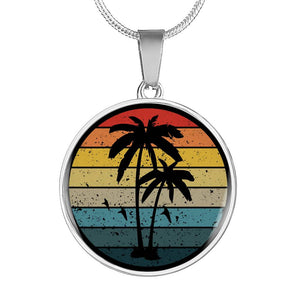 Retro Sunset With Palm Trees and Seagulls Circle Pendant Stainless Steel Necklace With Gift Box