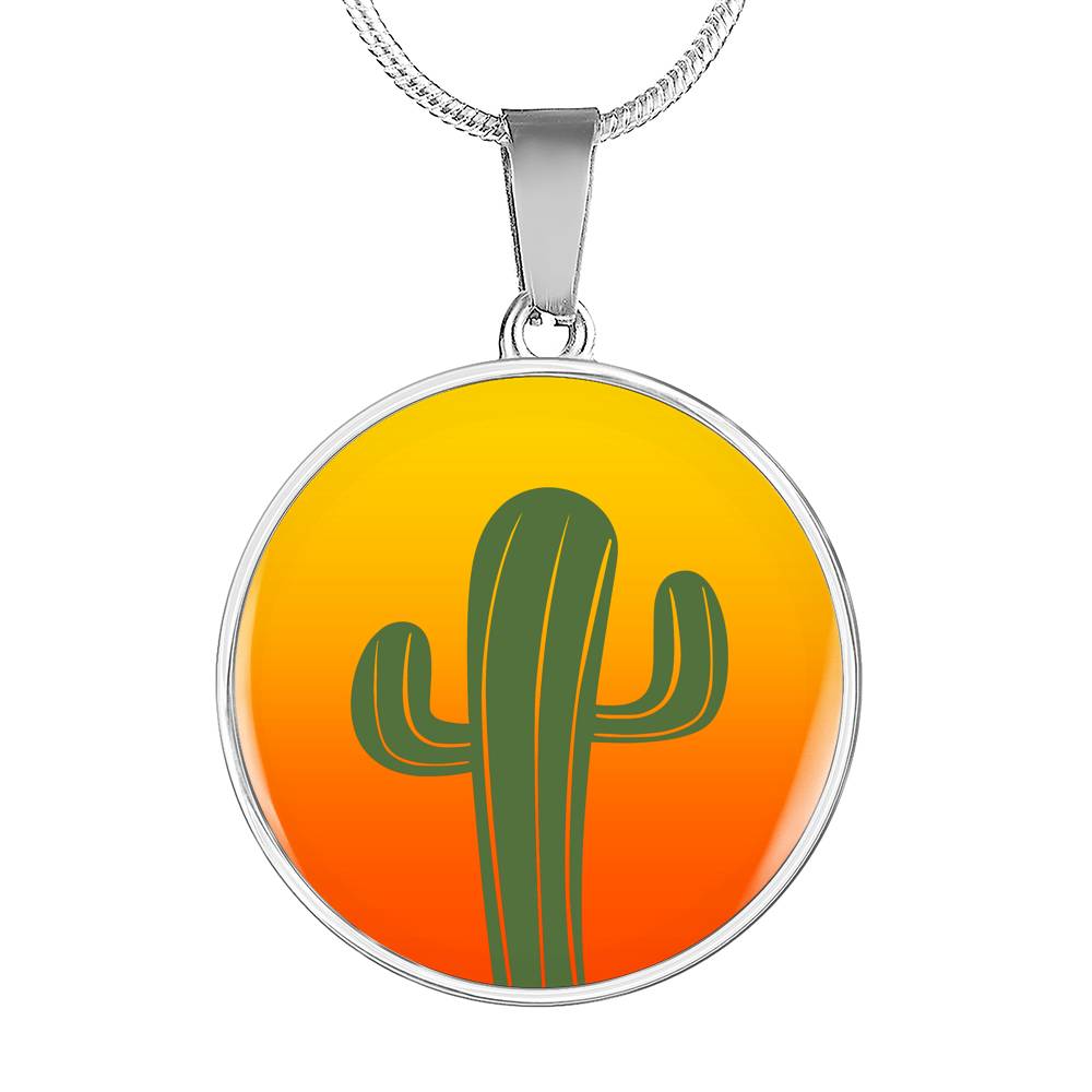 Cactus on Orange and Yellow Ombre Background Round Circle Pendant Necklace Jewelry