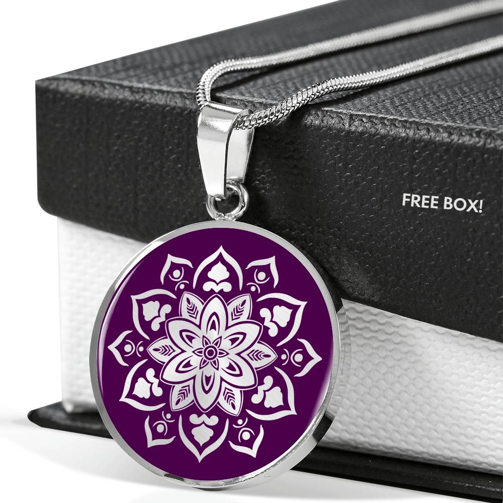 Purple Mandala Flower Design On Stainless Steel or 18K Gold Circle Pendant Necklace