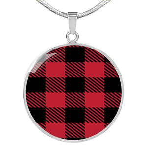 Red Buffalo Plaid Circle Pendant Necklace silver Stainless Steel Optional Engraving on Back