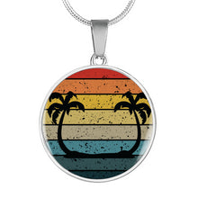 Load image into Gallery viewer, Retro Sunset With Twin Palm Trees Jewelry Circle Pendant Necklace With Gift Box and Chain in Stainless Steel or 18k Gold Finish
