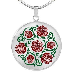 Red and Green Rose Round Pendant Stainless Steel or Gold