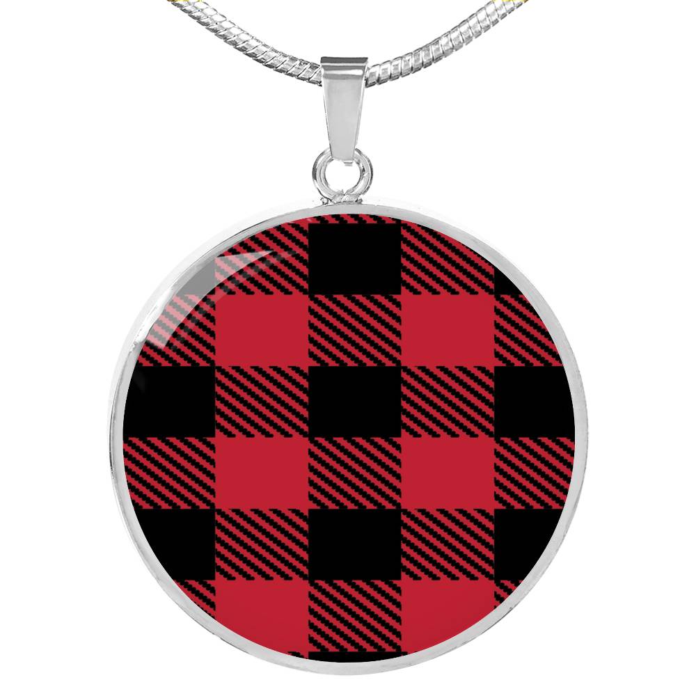 Red Buffalo Plaid Circle Pendant Necklace silver Stainless Steel Optional Engraving on Back