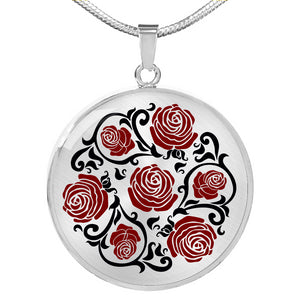 Red and Black Roses on Round Pendant In Stainless Steel or Gold