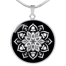 Load image into Gallery viewer, Black With Mandala Flower Design Circle Round Pendant In Stainless Steel or 18K Gold Finish
