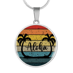 Aloha Palm Tree Retro Sunset Necklace Jewelry Pendant In Stainless Steel or 14K Gold Finish
