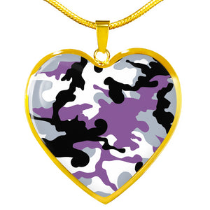Purple, Gray, Black and White Camouflage Heart Shaped Stainless Steel Pendant Necklace