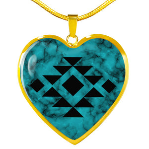 Tribal Design Jewelry on Turquoise Faux Stone Stainless Steel Heart Shaped Pendant Necklace With Chain and Gift Box