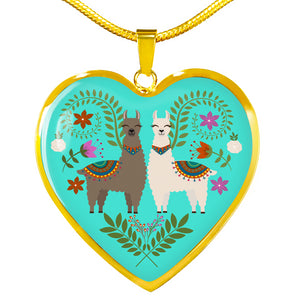 Llama and Flower Design on Turquoise Background Heart Shaped Pendant In Gold or Silver
