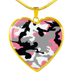 Rose Pink, Gray, Black and White Camouflage Heart Shaped Stainless Steel Pendant Necklace
