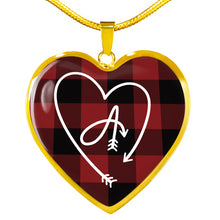 Load image into Gallery viewer, Custom Arrow Heart Monogram on Red Buffalo Plaid Heart Shaped Pendant Jewelry Necklace In Stainless Steel or 18K Gold Finish
