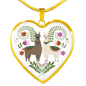 Colorful Llamas and Flowers on White Background Silver or Gold Heart Shaped Pendant