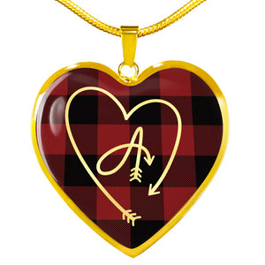 Custom Arrow Heart Monogram on Red Buffalo Plaid Heart Shaped Pendant Jewelry Necklace In Stainless Steel or 18K Gold Finish