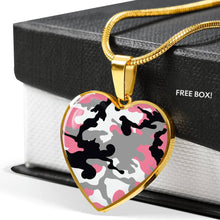 Load image into Gallery viewer, Rose Pink, Gray, Black and White Camouflage Heart Shaped Stainless Steel Pendant Necklace
