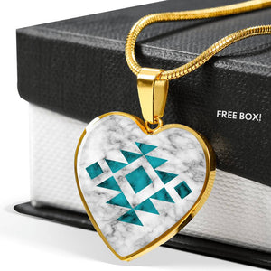 Tribal Ethnic Jewelry White and Turquoise Faux Marble Pendant Necklace Chain Gift Set