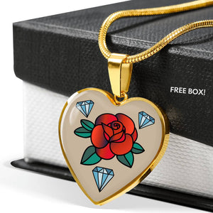 Rose Tattoo Old School Vintage Style Heart Shaped Pendant Necklace