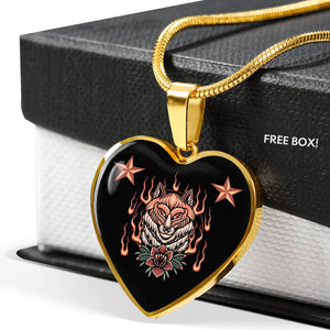 Traditional Tattoo Style Jewelry Fox With Flames and Nautical Star Pendant Necklace With Chain With Gift Box