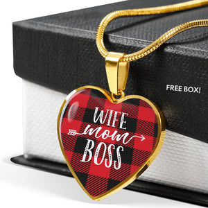 Wife Mom Boss Red Buffalo Plaid Heart Shaped Stainless Steel Pendant