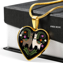 Load image into Gallery viewer, Heart Shaped Pendant With Colorful Llamas and Flowers on Black Background
