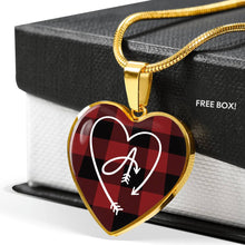 Load image into Gallery viewer, Custom Arrow Heart Monogram on Red Buffalo Plaid Heart Shaped Pendant Jewelry Necklace In Stainless Steel or 18K Gold Finish
